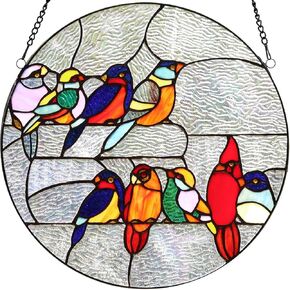 Bieye W10051 Tropical Birds Tiffany Style Stained Glass Window Panel for Home Decoration, Round Shape, 16-inch Wide