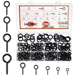 250 Pcs Eye Screws 0.75"-1.75" Eye Hook Screws Black Zinc Plated Screw Eyes 9 Size Self Tapping Screws Eyelet Screws for Picture Frame Halloween Decoration
