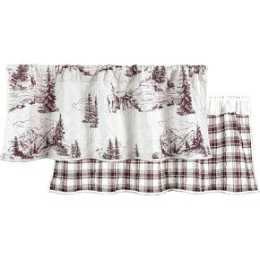 Paseo Road by HiEnd Accents White Pine Rustic Cotton Reversible Quilted Window Curtain Valance, 18x56 inch, Rod Pocket, White Brown Bear Deer Pine Tree Woodland Print, Cabin Lodge Western Style