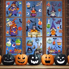 Halloween Wall Decorations Halloween Window Clings Decals for Home Decor 9 Sheets Double-Sided Adhesive Stickers Bats Pumpkin Black Cats Gnomes Decals