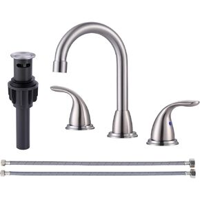 2 Handle 3 Holes Widespread Bathroom Faucet, Bathroom Sink Faucet with Copper Pop Up Drain, Brushed Nickel Lavatory Faucet Swivel Spout with Drain Assembly for Restroom Vanity Camper