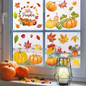 81 Pieces Fall Pumpkin Window Clings, Thanksgiving Window Stickers, Anti-Collision Window Decals Glass Alert Static Decals Prevent Birds Window Strikes for Window Glass Living Room Door Decoration