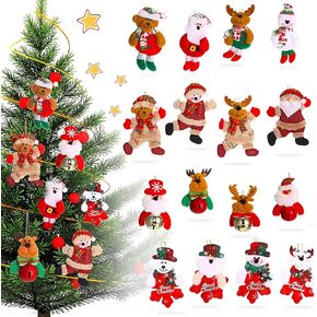 SKYLETY 16 Pieces Christmas Tree Decorations - Santa, Snowman, Reindeer, Bear Plush Pendants for Xmas Tree Party Supplies