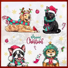 Mfault Merry Christmas Cat Dog Window Clings 4 Sheets, Xmas Golden Retriever Boston Terrier Stickers Decals Decorations, Black Cat Orange Cat 2025 New Year Holiday Home Kitchen Decor Pet Lover Gifts