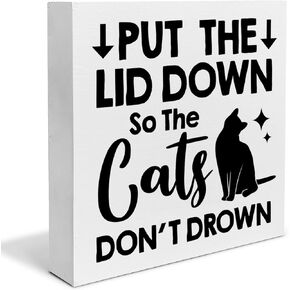 Funny Bathroom Sign Bathroom Cat Wooden Box Sign Put the Lid Down So the Cats Desk Decorative Wooden Sign Home Bathroom Decor for Desk Table Shelf 5 x 5 Inches