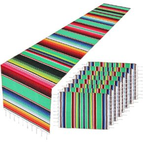 Mexican Table Runner with Place Mats(8 Pcs), Mexican Serape Assorted Place Mats Mexican Party Wedding Decorations, Fringe Serape Blanket Table Runner 14 x 84 inch (Green Table Runner + 8 Placemats)