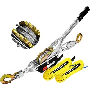 Cable Puller 2T with Two 1" x8FT Lifting Sling 2 Gears Come Along Power Ratchet Puller Tool with Cable 2 Hooks Cable Winch Puller for Construction Moving Securing Automotive.