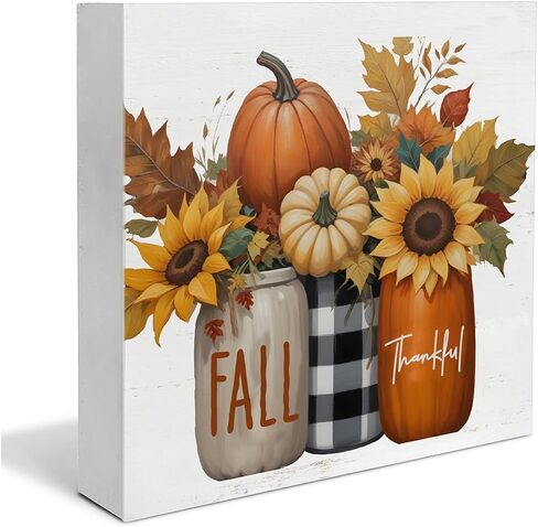 Fall Home Decor, Pumpkins Leaves Wooden Sign Decor Desk Sign Rustic Autumn Wooden Block Sign Rustic Home Shelf Wall Decoration in Kuwait