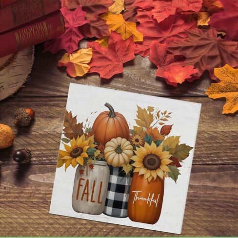 Fall Home Decor, Pumpkins Leaves Wooden Sign Decor Desk Sign Rustic Autumn Wooden Block Sign Rustic Home Shelf Wall Decoration in Kuwait