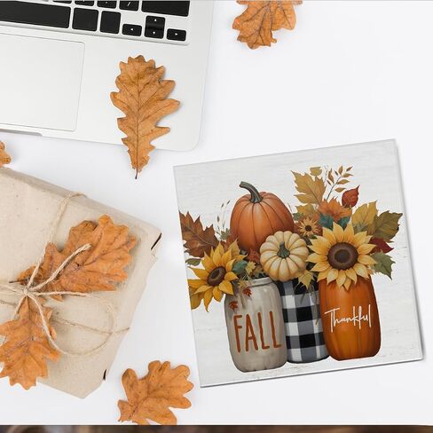 Fall Home Decor, Pumpkins Leaves Wooden Sign Decor Desk Sign Rustic Autumn Wooden Block Sign Rustic Home Shelf Wall Decoration in Kuwait