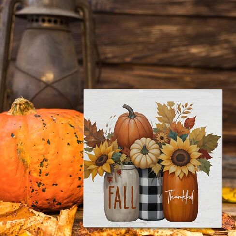 Fall Home Decor, Pumpkins Leaves Wooden Sign Decor Desk Sign Rustic Autumn Wooden Block Sign Rustic Home Shelf Wall Decoration in Kuwait