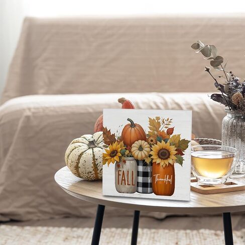 Fall Home Decor, Pumpkins Leaves Wooden Sign Decor Desk Sign Rustic Autumn Wooden Block Sign Rustic Home Shelf Wall Decoration in Kuwait