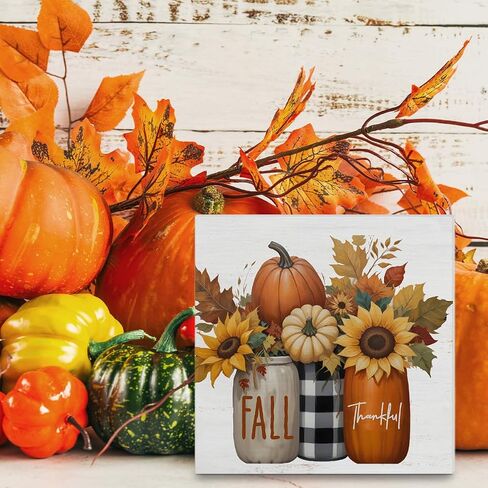 Fall Home Decor, Pumpkins Leaves Wooden Sign Decor Desk Sign Rustic Autumn Wooden Block Sign Rustic Home Shelf Wall Decoration in Kuwait