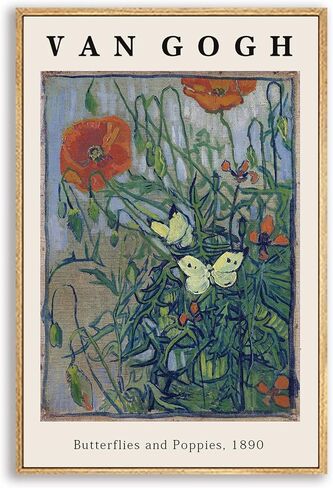Vincent Van Gogh Framed Wall Art Print Butterflies And Poppies Flowers by Van Gogh Canvas Prints Painting Reproduction for Living Room Bedroom Kitchen Office Home Decor 12"x16" Natural Framed in Saudi Arabia