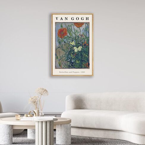 Vincent Van Gogh Framed Wall Art Print Butterflies And Poppies Flowers by Van Gogh Canvas Prints Painting Reproduction for Living Room Bedroom Kitchen Office Home Decor 12"x16" Natural Framed in Saudi Arabia