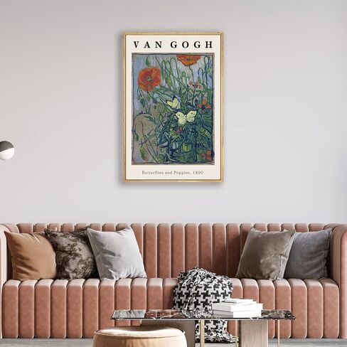 Vincent Van Gogh Framed Wall Art Print Butterflies And Poppies Flowers by Van Gogh Canvas Prints Painting Reproduction for Living Room Bedroom Kitchen Office Home Decor 12"x16" Natural Framed in Saudi Arabia