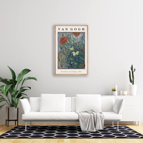 Vincent Van Gogh Framed Wall Art Print Butterflies And Poppies Flowers by Van Gogh Canvas Prints Painting Reproduction for Living Room Bedroom Kitchen Office Home Decor 12"x16" Natural Framed in Saudi Arabia