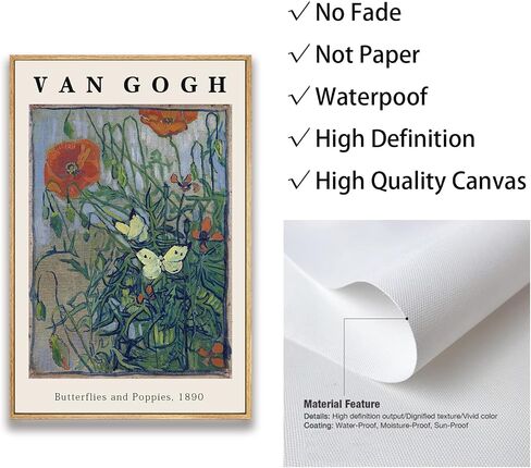 Vincent Van Gogh Framed Wall Art Print Butterflies And Poppies Flowers by Van Gogh Canvas Prints Painting Reproduction for Living Room Bedroom Kitchen Office Home Decor 12"x16" Natural Framed in Saudi Arabia