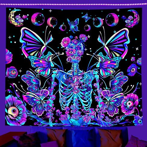 ARTHMOM Blacklight Skull Tapestry for Bedroom Aesthetic, Funny Butterfly Moon Halloween Wall Tapestry UV Reactive Mushroom Skeleton Flowers Tapestries Hanging for Home Decor (91"x71") in Saudi Arabia