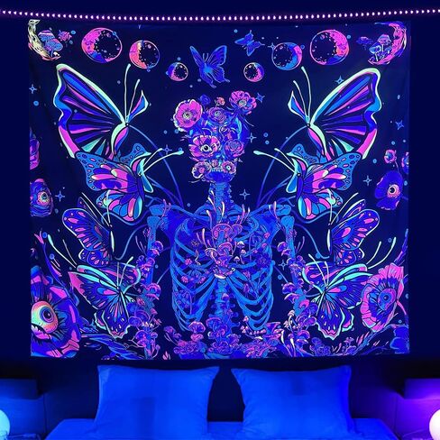 ARTHMOM Blacklight Skull Tapestry for Bedroom Aesthetic, Funny Butterfly Moon Halloween Wall Tapestry UV Reactive Mushroom Skeleton Flowers Tapestries Hanging for Home Decor (91"x71") in Saudi Arabia