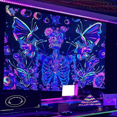 ARTHMOM Blacklight Skull Tapestry for Bedroom Aesthetic, Funny Butterfly Moon Halloween Wall Tapestry UV Reactive Mushroom Skeleton Flowers Tapestries Hanging for Home Decor (91"x71") in Saudi Arabia