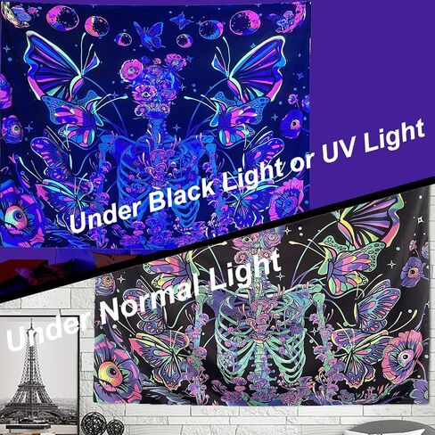 ARTHMOM Blacklight Skull Tapestry for Bedroom Aesthetic, Funny Butterfly Moon Halloween Wall Tapestry UV Reactive Mushroom Skeleton Flowers Tapestries Hanging for Home Decor (91"x71") in Saudi Arabia