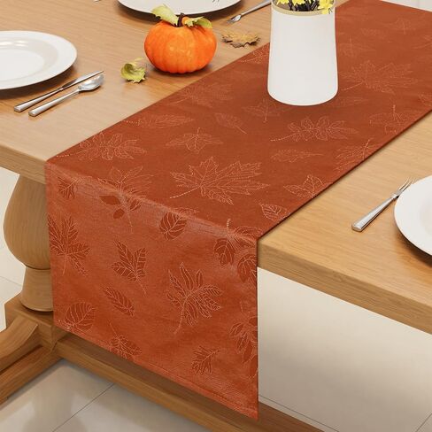 smiry Fall Table Runner, 13x72 Inch Autumn Leaves Damask Table Runner, Fabric Table Runner for Harvest Parties, and Thanksgiving Dinner, Rust in Kuwait