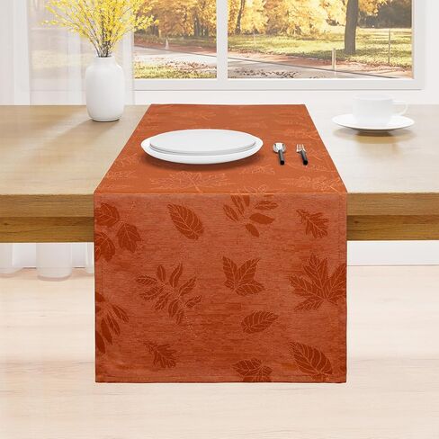smiry Fall Table Runner, 13x72 Inch Autumn Leaves Damask Table Runner, Fabric Table Runner for Harvest Parties, and Thanksgiving Dinner, Rust in Kuwait