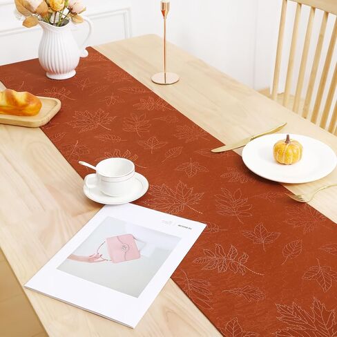 smiry Fall Table Runner, 13x72 Inch Autumn Leaves Damask Table Runner, Fabric Table Runner for Harvest Parties, and Thanksgiving Dinner, Rust in Kuwait