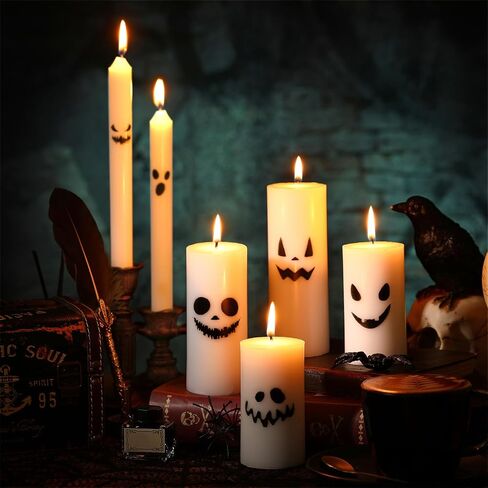 6 Pcs Halloween Ghost Candles White Spooky Candles Halloween Pillar Candles Ghost Decor Decorative Burning Candles for Halloween Party Dining Table Decorations in Saudi Arabia