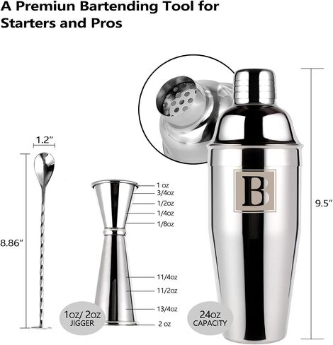 24oz Cocktail Shaker Set with 1 oz 2oz Jigger - Monogramm Initials Martini Shaker Set - 304 Stainless Steel Bar Shaker for Margarita,Mojito-Personalized Gift for Friend,Husband in Saudi Arabia