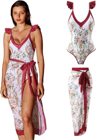 بدلة سباحة نسائية قطعة واحدة مع غطاء للتخسيس بدلة استحمام مع سارونج قطعتين ملابس سباحة ملفوفة للنساء بدلة سباحة قطعة واحدة مع مجموعة تغطية لباس سباحة أحمر زهري كبير in Kuwait