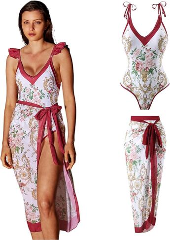 بدلة سباحة نسائية قطعة واحدة مع غطاء للتخسيس بدلة استحمام مع سارونج قطعتين ملابس سباحة ملفوفة للنساء بدلة سباحة قطعة واحدة مع مجموعة تغطية لباس سباحة أحمر زهري كبير in Kuwait