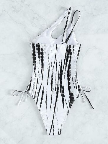 OYOANGLE Women's One Piece Tie Dye Sleeveless Asymmetrical Neck Swimsuits One Shoulder Drawstring Ruched Side Swimwear in Saudi Arabia