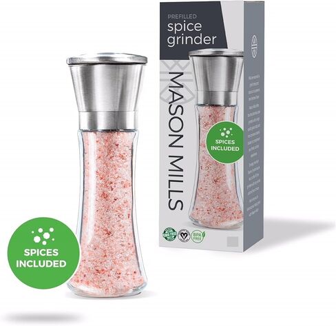 Mason Mills Stainless Steel Salt and Pepper Grinder - Single Glass and Stainless Steel Mill - Large Capacity Shaker - Top Loading Design in Saudi Arabia