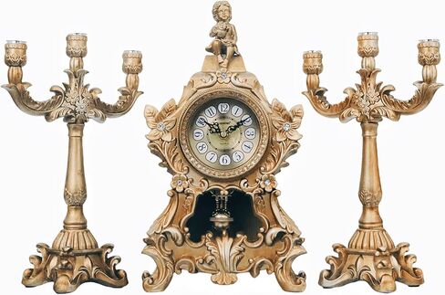 15''h الباروك العتيقة البندول ساعة الروكوكو نمط رف ساعة مع 2 الشمعدانات حاملي الشموع الراتنج ساعة مكتب ساعة الذكرى السنوية لغرفة المعيشة غرفة نوم ديكور مكتب in Kuwait