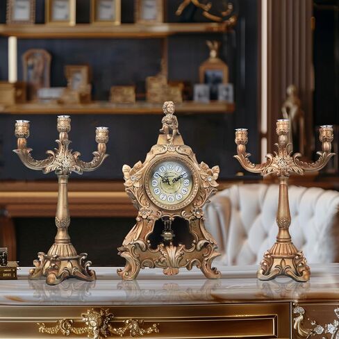 15''h الباروك العتيقة البندول ساعة الروكوكو نمط رف ساعة مع 2 الشمعدانات حاملي الشموع الراتنج ساعة مكتب ساعة الذكرى السنوية لغرفة المعيشة غرفة نوم ديكور مكتب in Kuwait