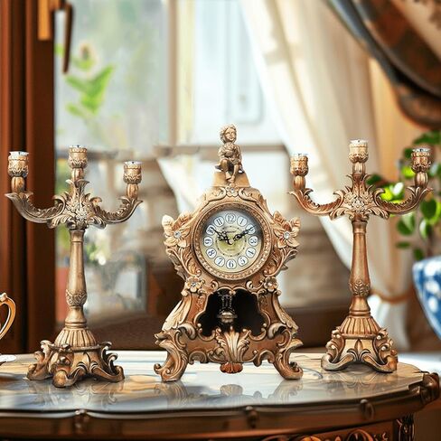 15''h الباروك العتيقة البندول ساعة الروكوكو نمط رف ساعة مع 2 الشمعدانات حاملي الشموع الراتنج ساعة مكتب ساعة الذكرى السنوية لغرفة المعيشة غرفة نوم ديكور مكتب in Kuwait