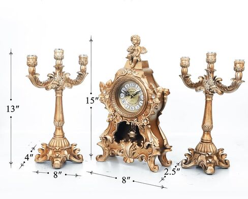 15''h الباروك العتيقة البندول ساعة الروكوكو نمط رف ساعة مع 2 الشمعدانات حاملي الشموع الراتنج ساعة مكتب ساعة الذكرى السنوية لغرفة المعيشة غرفة نوم ديكور مكتب in Kuwait