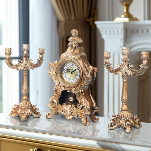 15''h الباروك العتيقة البندول ساعة الروكوكو نمط رف ساعة مع 2 الشمعدانات حاملي الشموع الراتنج ساعة مكتب ساعة الذكرى السنوية لغرفة المعيشة غرفة نوم ديكور مكتب in Kuwait