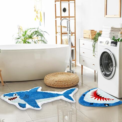 Tondiamo 2 Pcs Shark Shaped Bathroom Rugs Bath Mat Non Slip Bath Rug Absorbent Soft Microfiber Cute Washable Floor Mat for Kids Room Aesthetic Kids' Room Decor 40 x 22 Inches, 24 x 24 Inches in Saudi Arabia