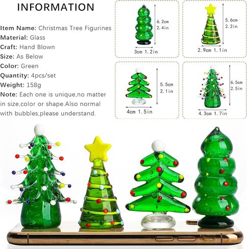 HDCRYSTALGIFTS Set 4 Blown Glass Christmas Tree Figurine Collectible Art Glass Statue Holiday Decoration Sculpture Festival Gifts Home Arts in Kuwait