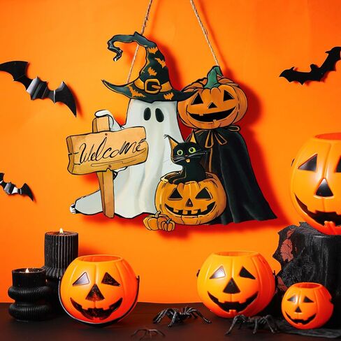 Barydat Halloween ترحيب علامة الباب الهيكل العظمي اليقطين الباب الأمامي إكليل ديكور ريفي معلق إكليل خشبي سيارة علامات في الهواء الطلق لمستلزمات حفلات الهالوين (شبح) in Saudi Arabia