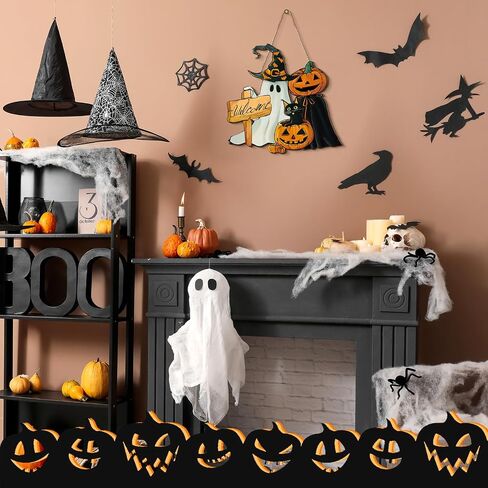 Barydat Halloween ترحيب علامة الباب الهيكل العظمي اليقطين الباب الأمامي إكليل ديكور ريفي معلق إكليل خشبي سيارة علامات في الهواء الطلق لمستلزمات حفلات الهالوين (شبح) in Saudi Arabia