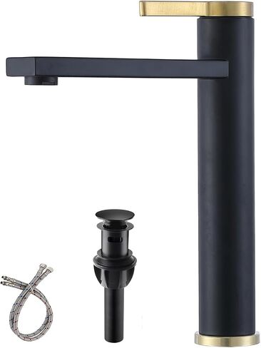Vessel Sink Faucet Black and Gold, Tall Bathroom Vessel Sink Faucet, Modern Single Hole Bathroom Lavatory Vanity Faucets for Sink 1 Hole with Supply Lines and Pop-Up Drain in Saudi Arabia