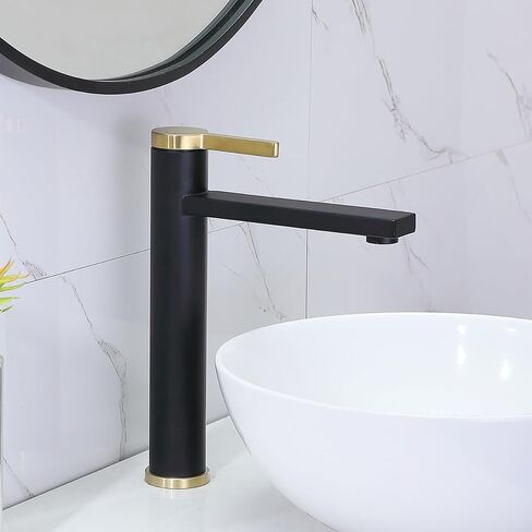 Vessel Sink Faucet Black and Gold, Tall Bathroom Vessel Sink Faucet, Modern Single Hole Bathroom Lavatory Vanity Faucets for Sink 1 Hole with Supply Lines and Pop-Up Drain in Saudi Arabia