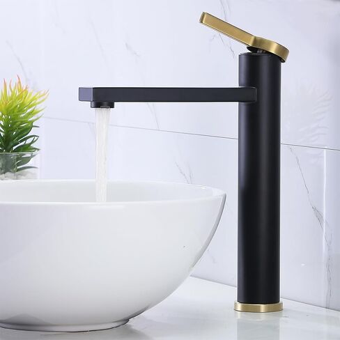 Vessel Sink Faucet Black and Gold, Tall Bathroom Vessel Sink Faucet, Modern Single Hole Bathroom Lavatory Vanity Faucets for Sink 1 Hole with Supply Lines and Pop-Up Drain in Saudi Arabia