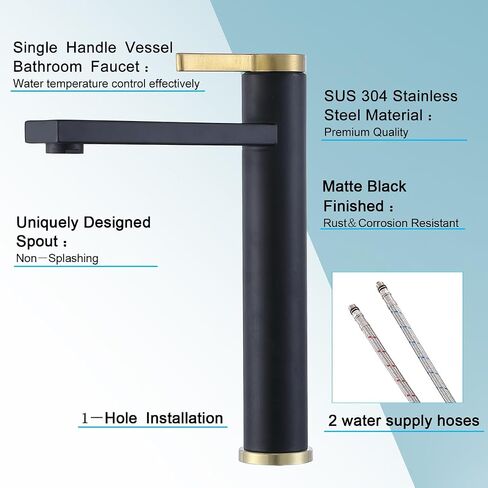 Vessel Sink Faucet Black and Gold, Tall Bathroom Vessel Sink Faucet, Modern Single Hole Bathroom Lavatory Vanity Faucets for Sink 1 Hole with Supply Lines and Pop-Up Drain in Saudi Arabia