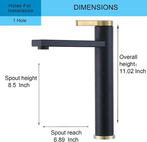 Vessel Sink Faucet Black and Gold, Tall Bathroom Vessel Sink Faucet, Modern Single Hole Bathroom Lavatory Vanity Faucets for Sink 1 Hole with Supply Lines and Pop-Up Drain in Saudi Arabia