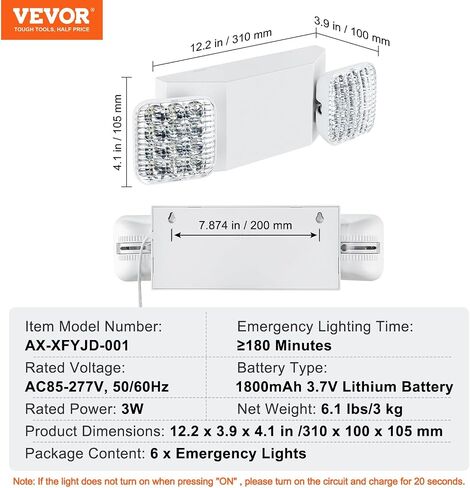 VEVOR 24 حزمة من مصابيح الطوارئ التجارية، 3 وات، مصابيح إضاءة خروج الطوارئ LED بيضاء مع بطارية احتياطية مدتها 180 دقيقة قابلة للتعديل برأسين مربعين LED، سقف أو جدار جبل لانقطاع التيار الكهربائي في العمل in Saudi Arabia